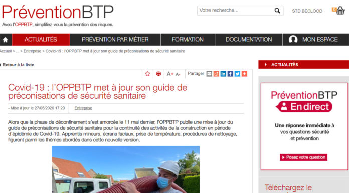 Covid-19 : l’OPPBTP a mis à jour le guide de préconisations de sécurité sanitaire pour la continuité des activités de la construction