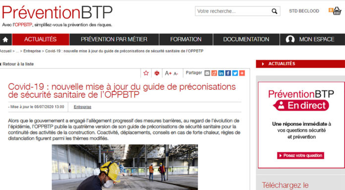 L’OPPBTP met à jour le guide de préconisations de sécurité sanitaire pour la continuité des activités de la construction Covid-19