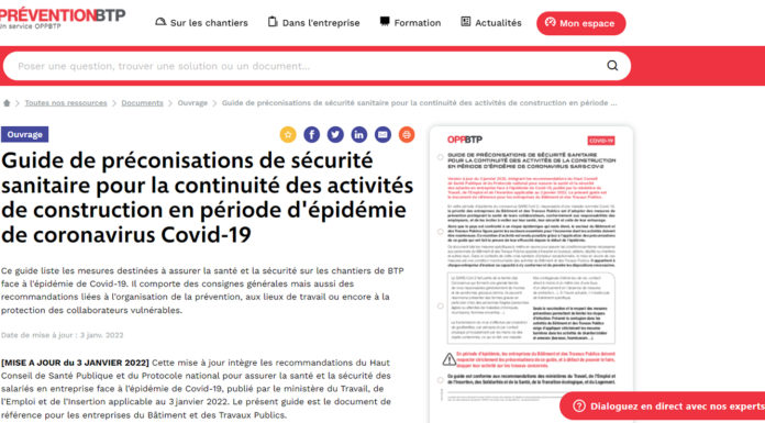 Nouvelle mise à jour du « Guide de préconisations de sécurité sanitaire pour la continuité des activités de la construction en période d’épidémie de coronavirus Sars-Cov-2 »